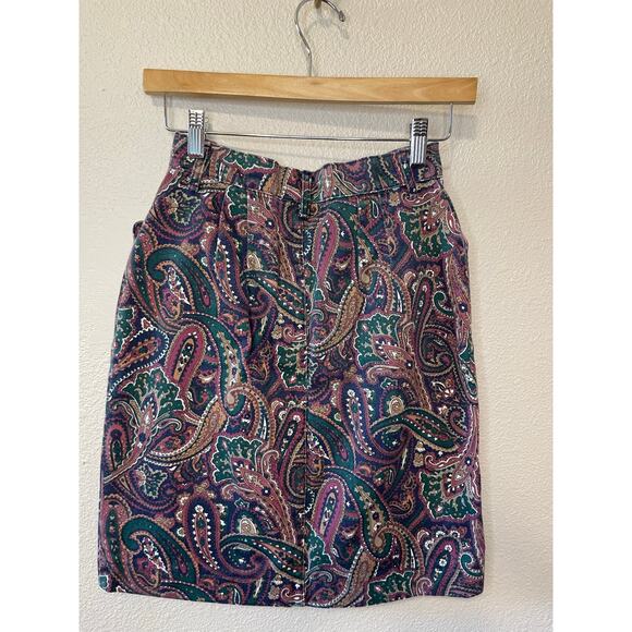 VTG RoughRider by Circle T Purple Paisley Button Up Denim Mini Skirt Size 2 - Picture 3 of 7